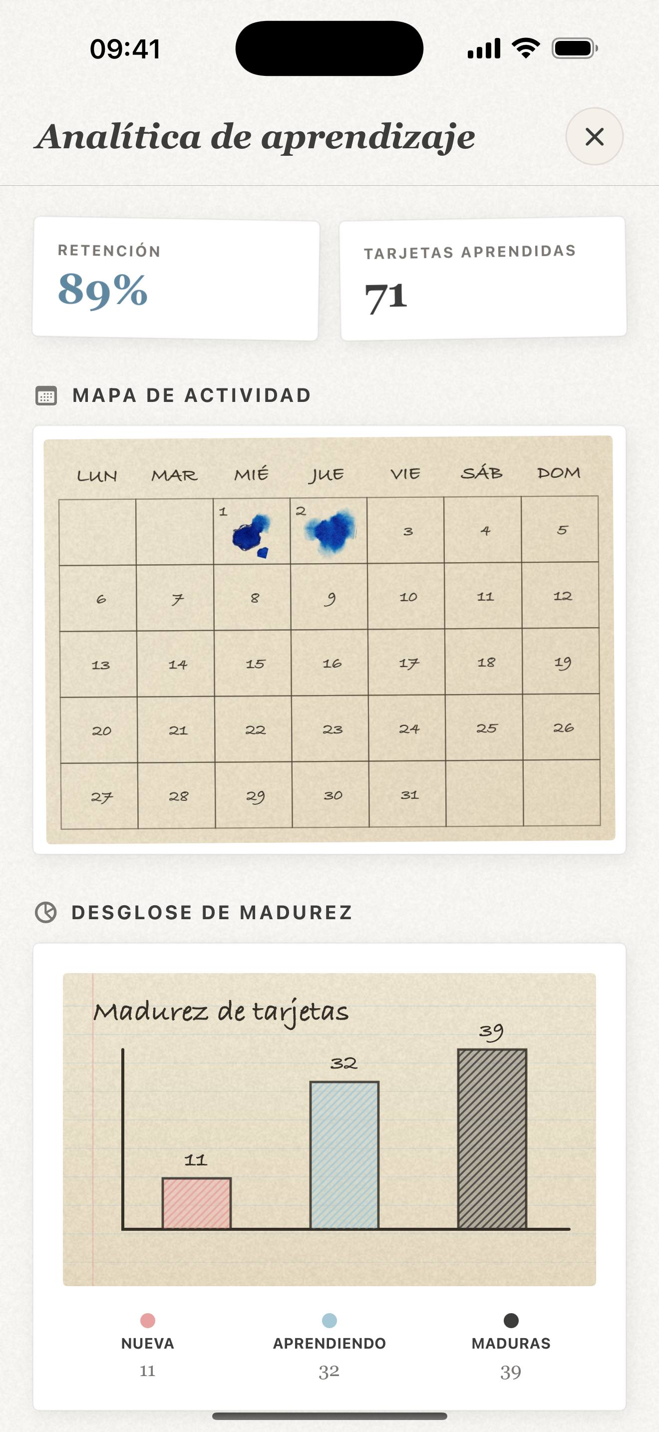 Estadísticas de Repeto en iPhone con calendario de actividad y madurez de las tarjetas