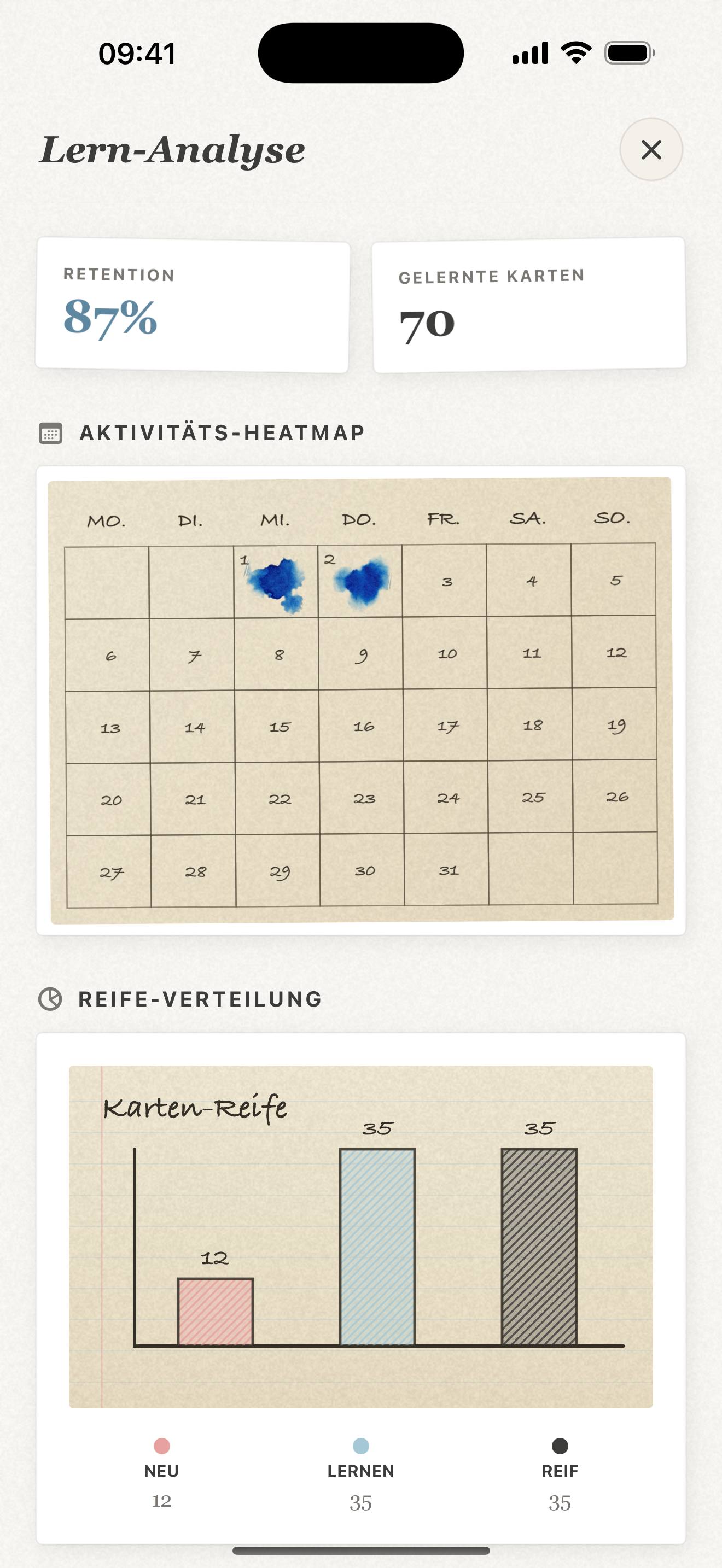 Repeto-Statistik auf dem iPhone mit Aktivitäts-Kalender und Karten-Reife