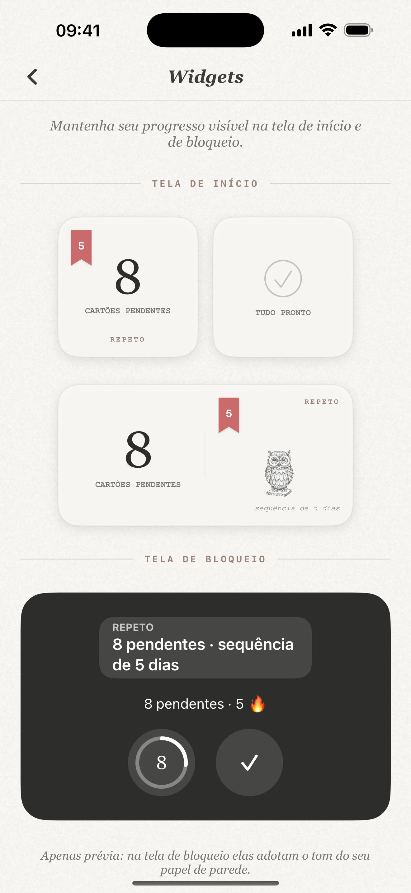 Widgets do Repeto no iPhone: widgets da tela de início com 8 cartões pendentes e sequência de 5 dias com a coruja, e um widget da tela de bloqueio