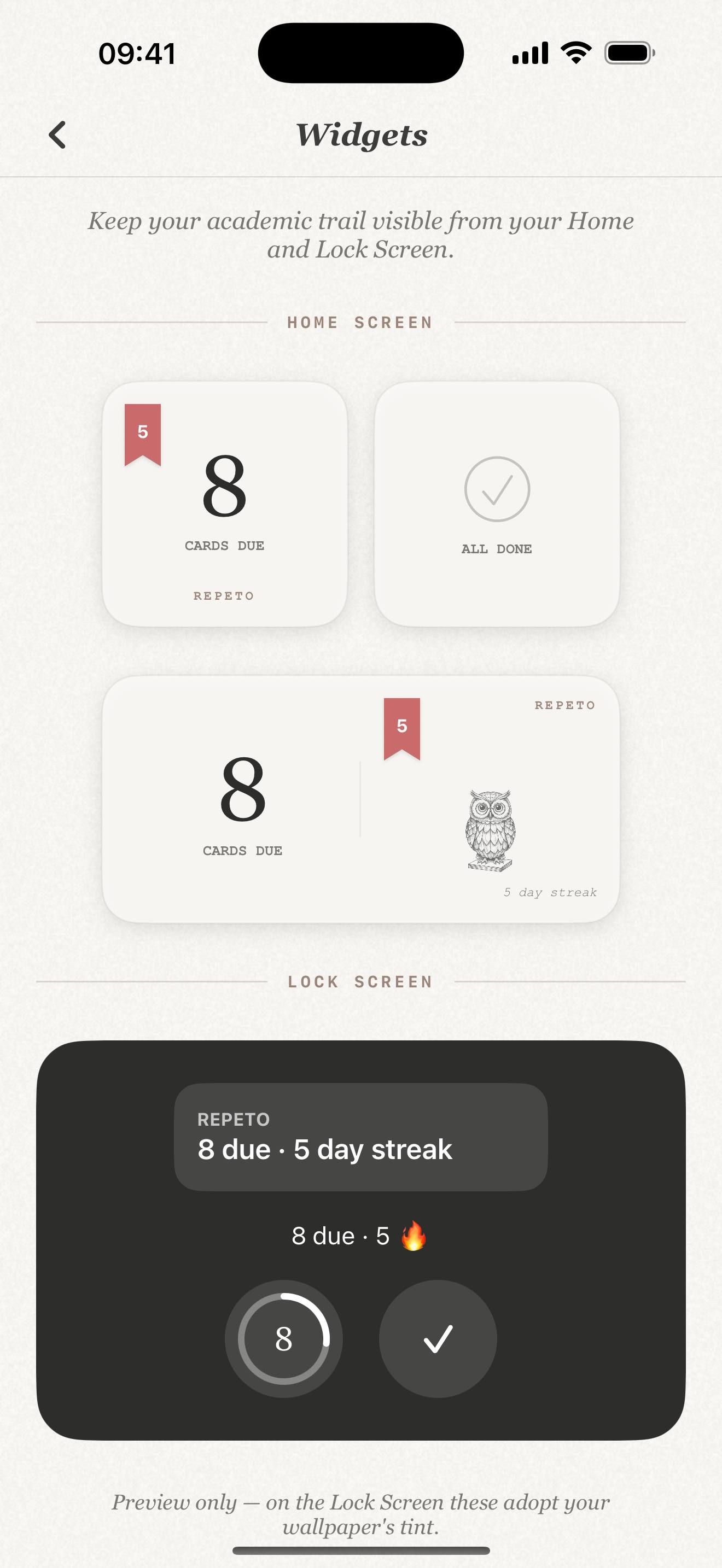 Repeto widgets on iPhone: Home Screen widgets showing 8 cards due and a 5-day streak with the owl, plus a Lock Screen widget